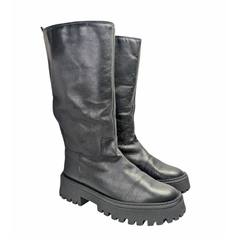 Arezzo Black Leather midcalf lug boots womens 39 EU 8/8.5 US